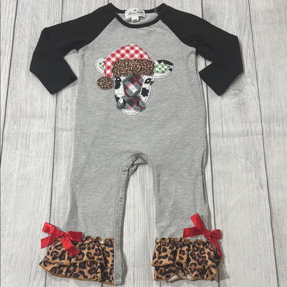 Marie Nicole Baby Girls Festive Jumpsuit with Cow and Leopard Accents